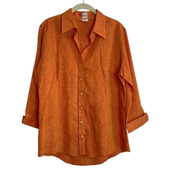 Craig Taylor Womens Linen Shirt XL Orange Bonfire Button Front 3/4 Sleeve - Picture 1 of 6